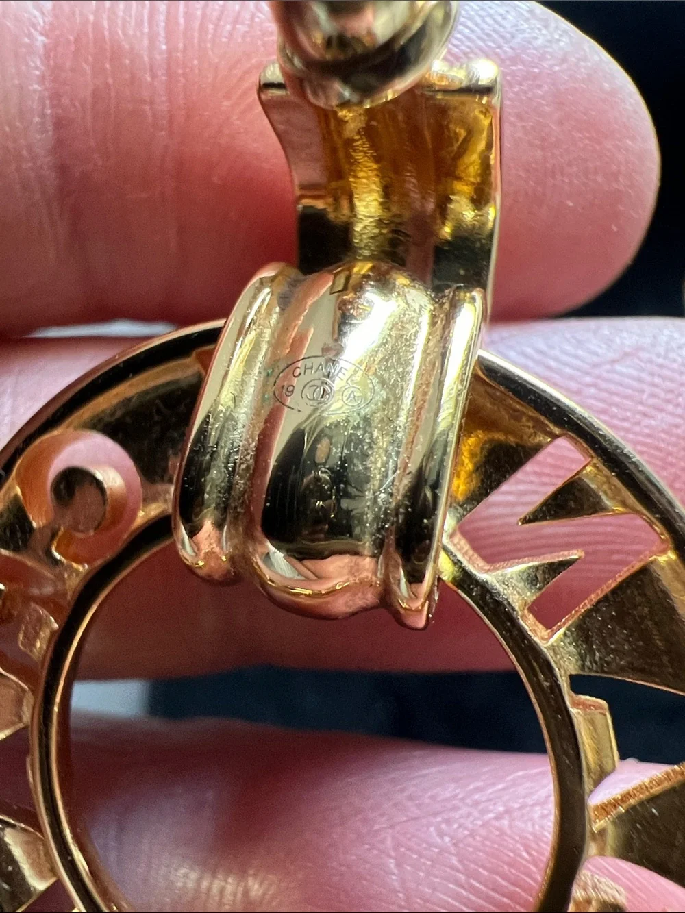 CHANEL Gold Hoop Logo Drop Earrings with Lettering